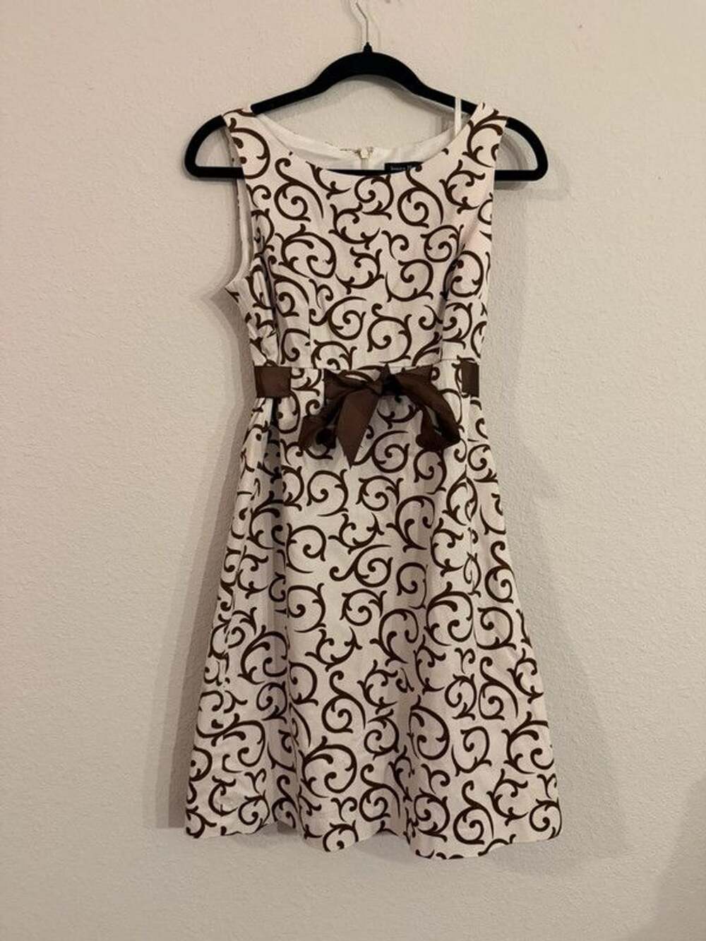 Y2K Jessica Howard Brown Cream Scroll Print Dress Bow Waist Size 6